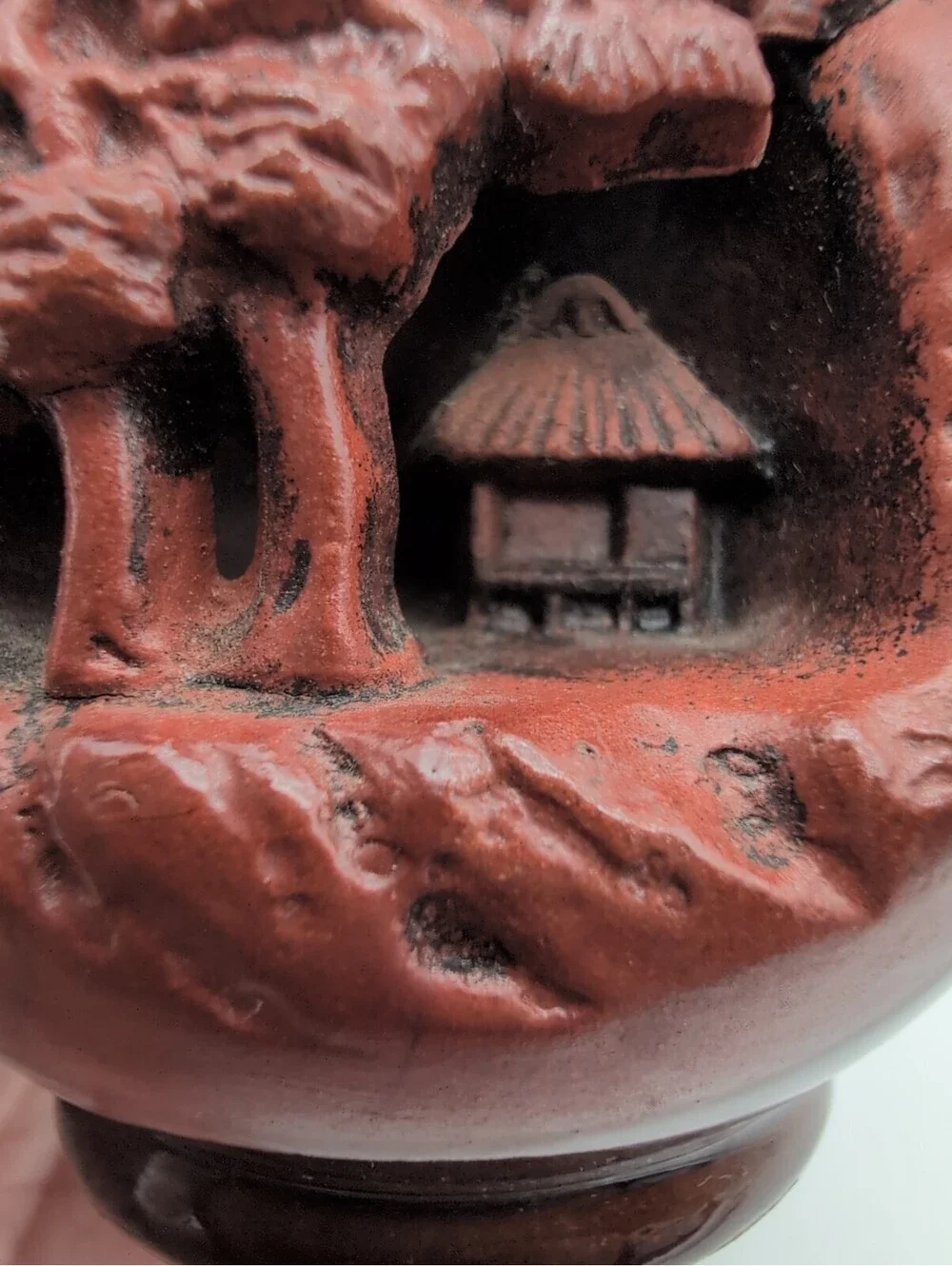 Banko Ware Japanese Pottery Intricately Carved Landscape House Miniature Vase 4